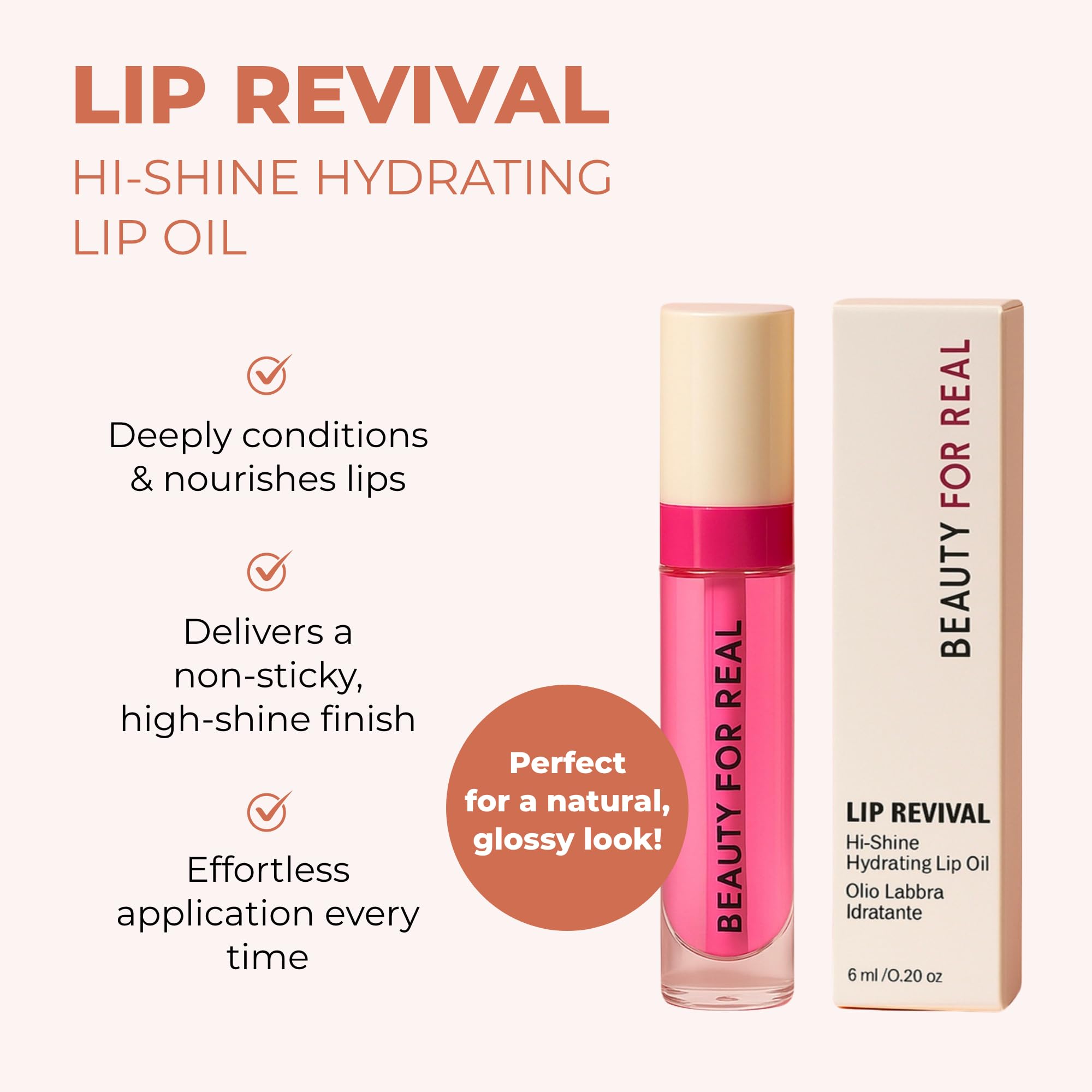 Beauty For Real Lip Revival Hi-Shine Hydrating Lip Oil – Raspberry Beret (Transparent Pink) | Lightweight, Non-Sticky Shine