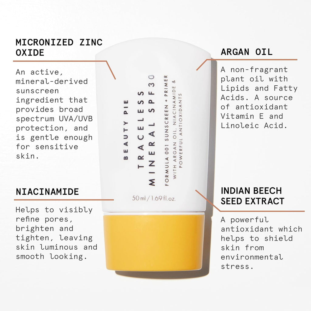 Beauty Pie Traceless Mineral Sunscreen + Primer SPF 30 – Invisible Mineral Protection (50 ml)