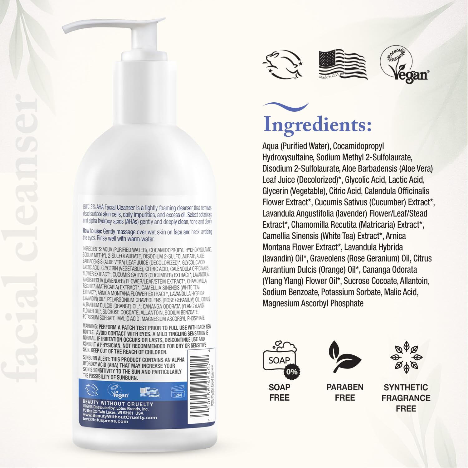 Beauty Without Cruelty AHA Facial Cleanser – Exfoliating Face Wash for Normal to Oily Skin | Vegan & Cruelty-Free | 8.5 Fl Oz