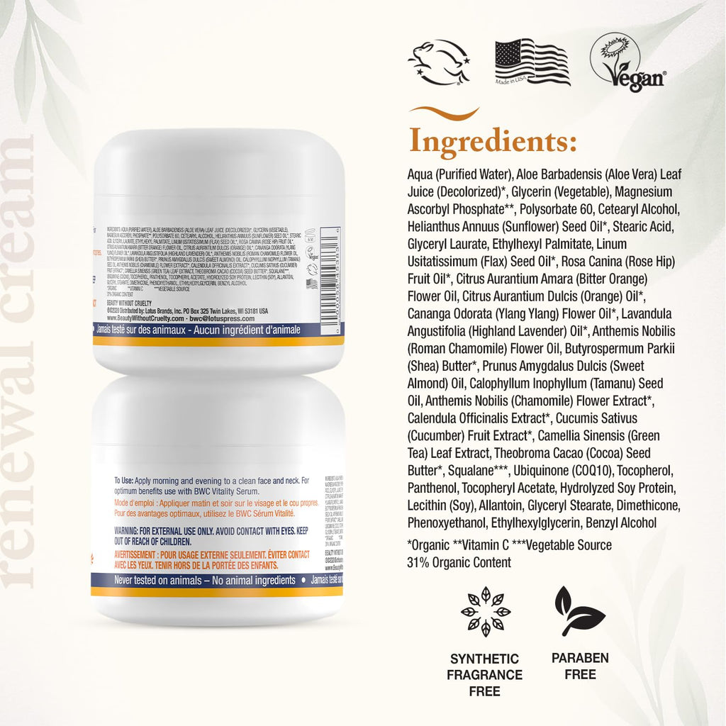 Beauty Without Cruelty Vitamin C Renewal Cream with CoQ10 – Vegan Aromatherapy Face Cream, 2 oz