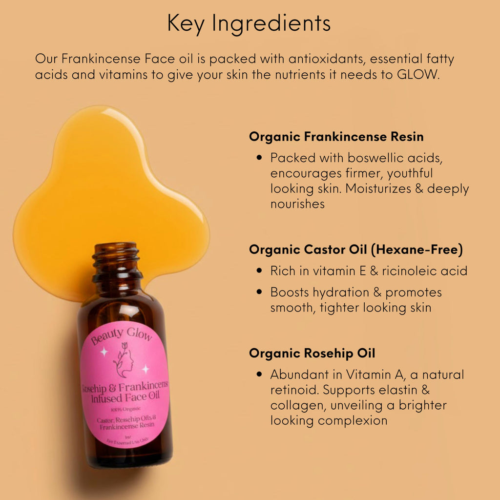 Beauty Glow Frankincense Resin Infused Castor & Rosehip Oil – Facial Moisturizer & Serum | 1 Fl Oz