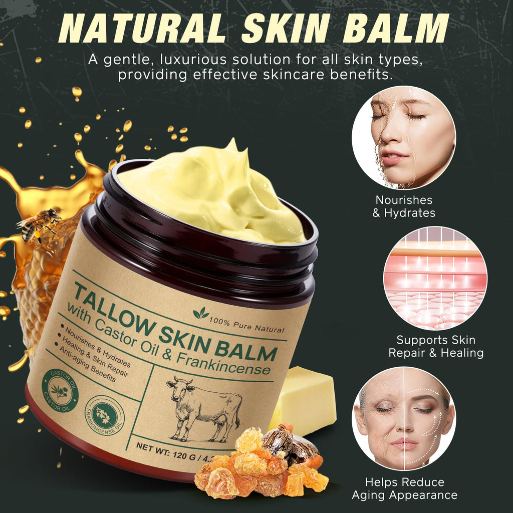 Beef Tallow Balm with Castor Oil and Frankincense – Organic Grass-Fed 120 g | Deep Moisturizing for Face & Body