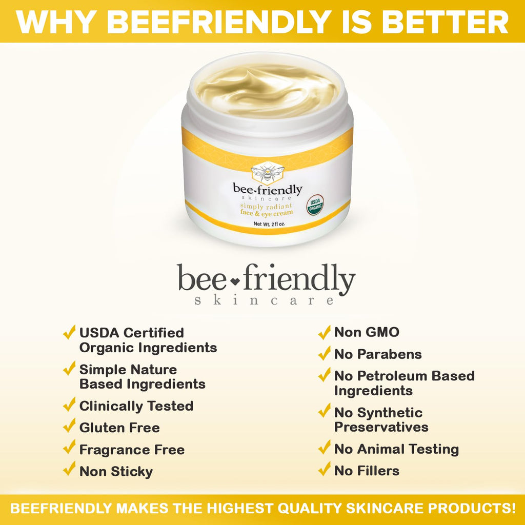 BeeFriendly Organic Face & Eye Cream – USDA Certified Organic, All-In-One 6 oz (3 Jars)