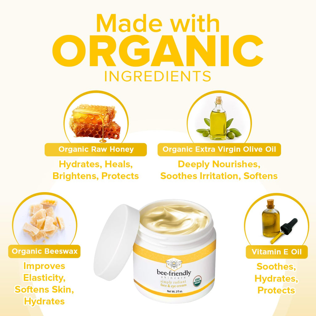 BeeFriendly Organic Face & Eye Cream – USDA Certified Organic, All-In-One 6 oz (3 Jars)