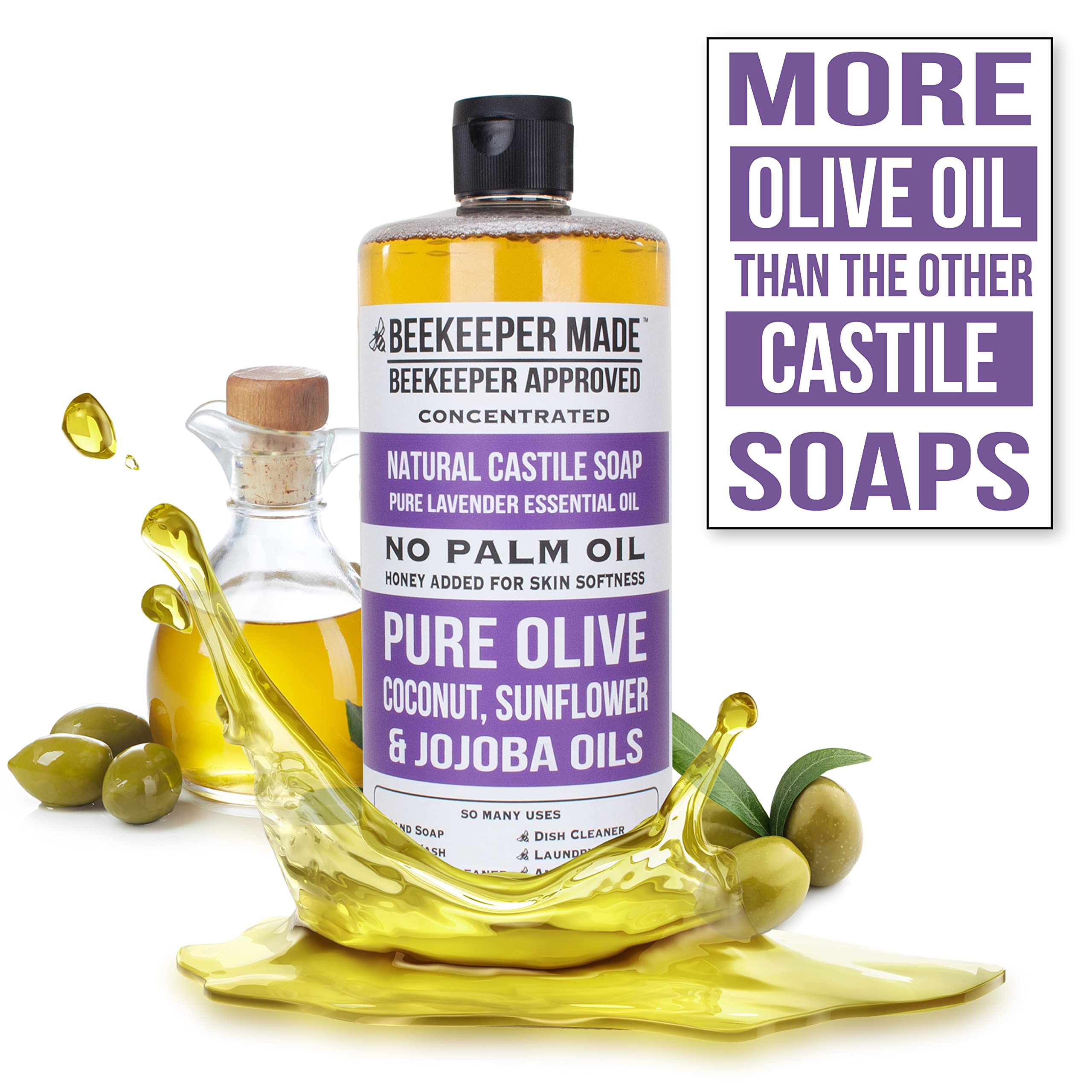 Beessential Beekeeper Made Lavender Castile Soap – 32 oz, No Palm Oil, 8 Ingredients, GMO Free, Made in USA