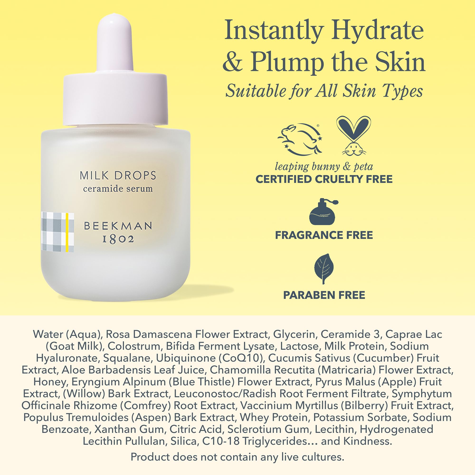 Beekman 1802 Milk Drops Ceramide Serum – Fragrance-Free Goat Milk Hydration with Squalane & HA