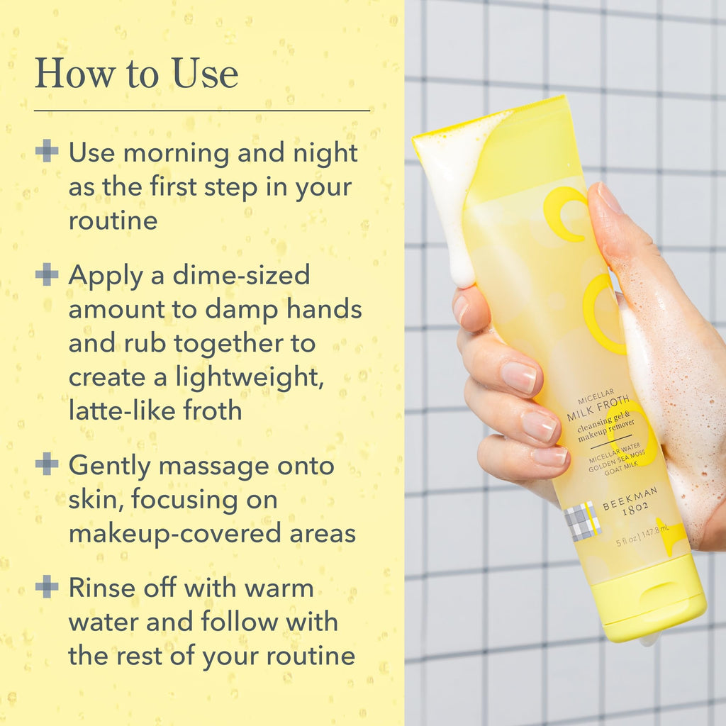 Beekman 1802 Micellar Milk Froth Gel to Foam Cleanser – 2-in-1 Makeup Remover, Goat Milk & Golden Sea Moss, Fragrance Free, Sensitive Skin Safe, 5.0 fl oz