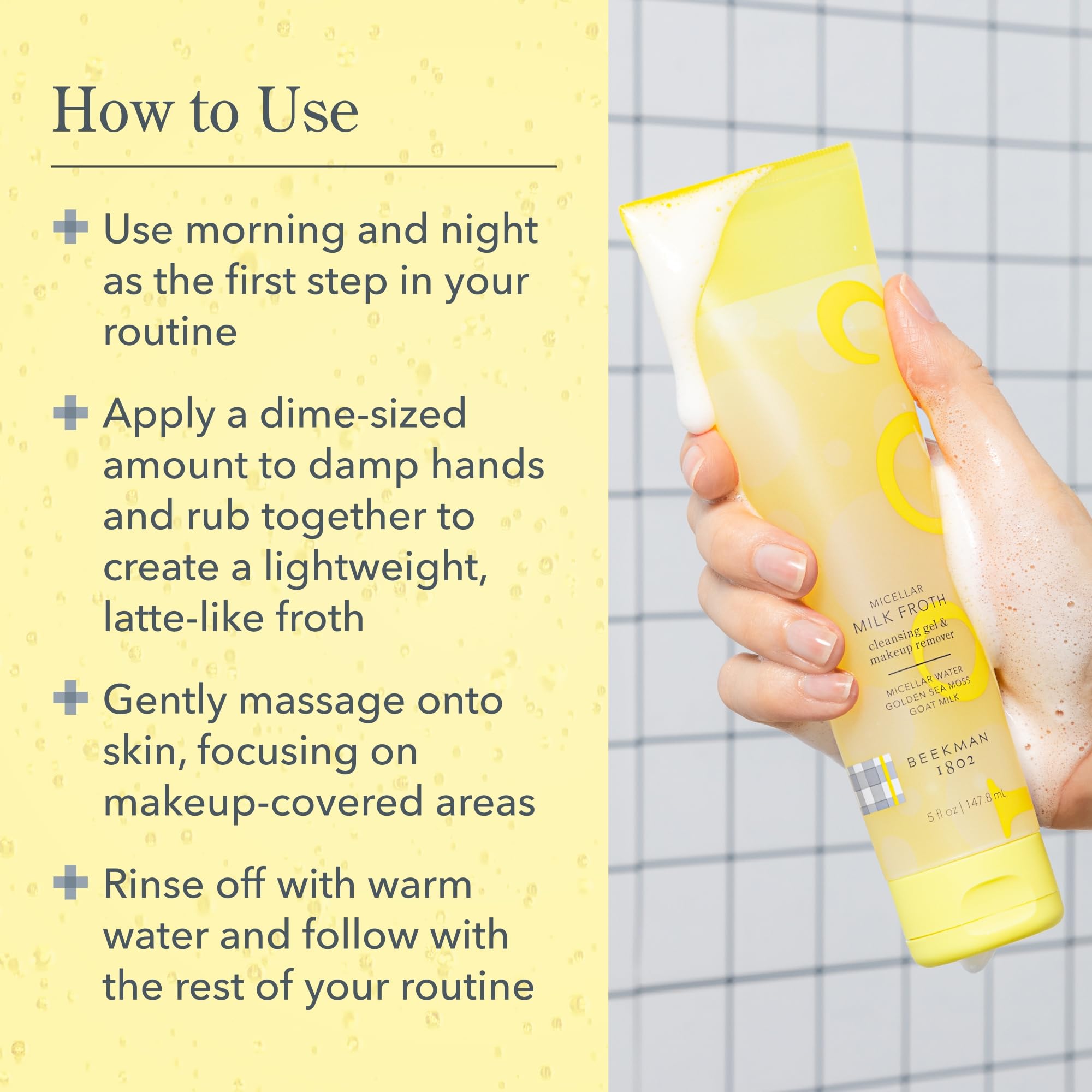 Beekman 1802 Micellar Milk Froth Gel to Foam Cleanser – 2-in-1 Makeup Remover, Goat Milk & Golden Sea Moss, Fragrance Free, Sensitive Skin Safe, 5.0 fl oz