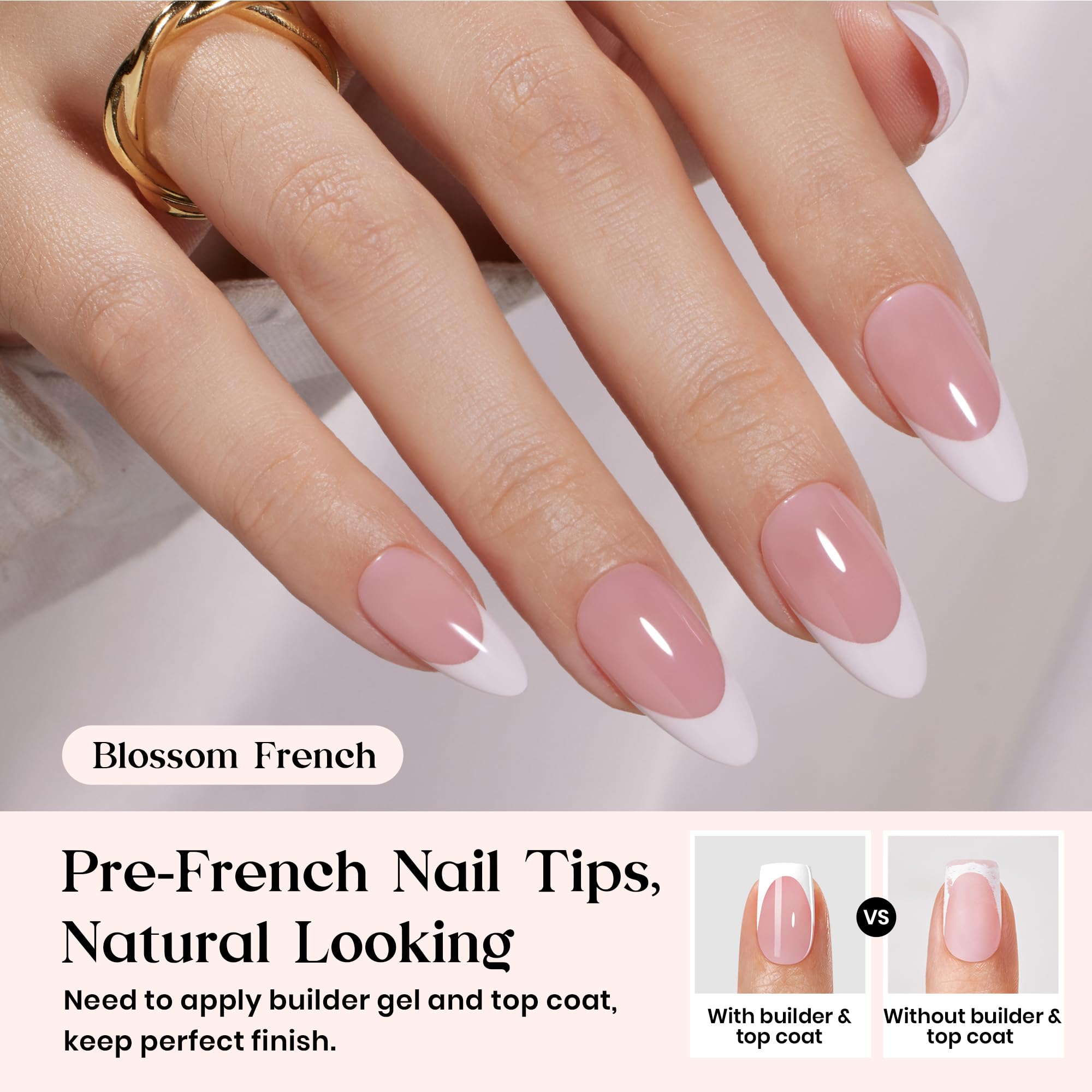 Beetles French Tips Press On Nails – 210 Pink Medium Almond Tips for At-Home Salon Quality