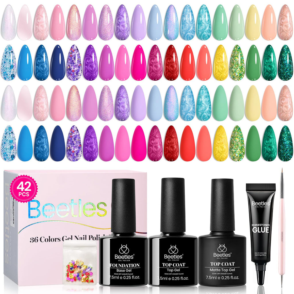 Beetles 36 Colors Gel Nail Polish Set | 42-Piece UV Gel Kit with Base/Top Coats, Glitter & Nail Charms