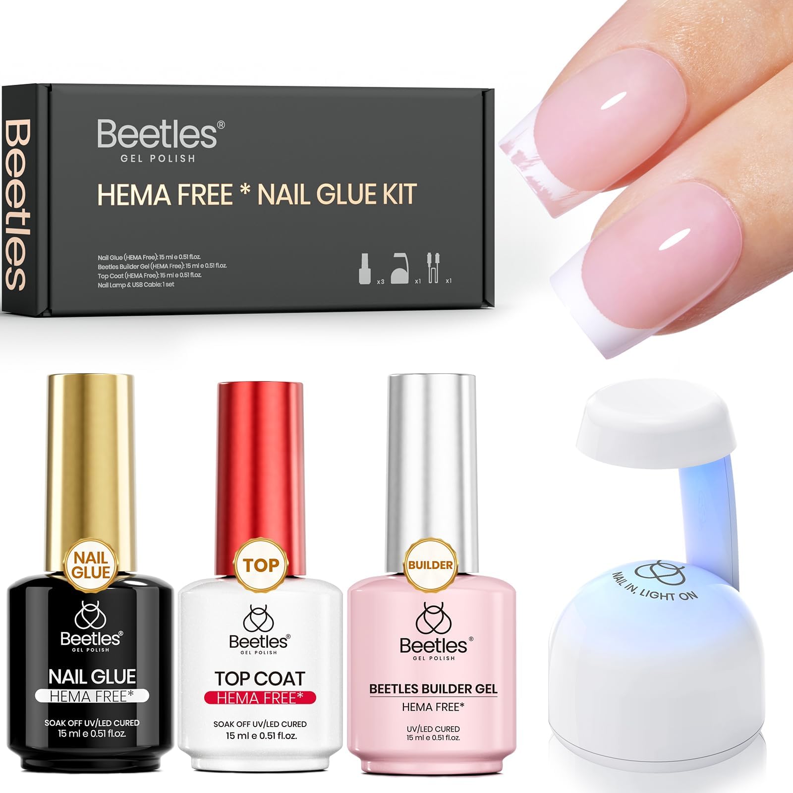 Beetles Gel Polish 4Pcs 15ml HEMA-Free Nail Tips Glue Kit with Builder Gel, No Wipe Top Coat & Portable Nail Lamp