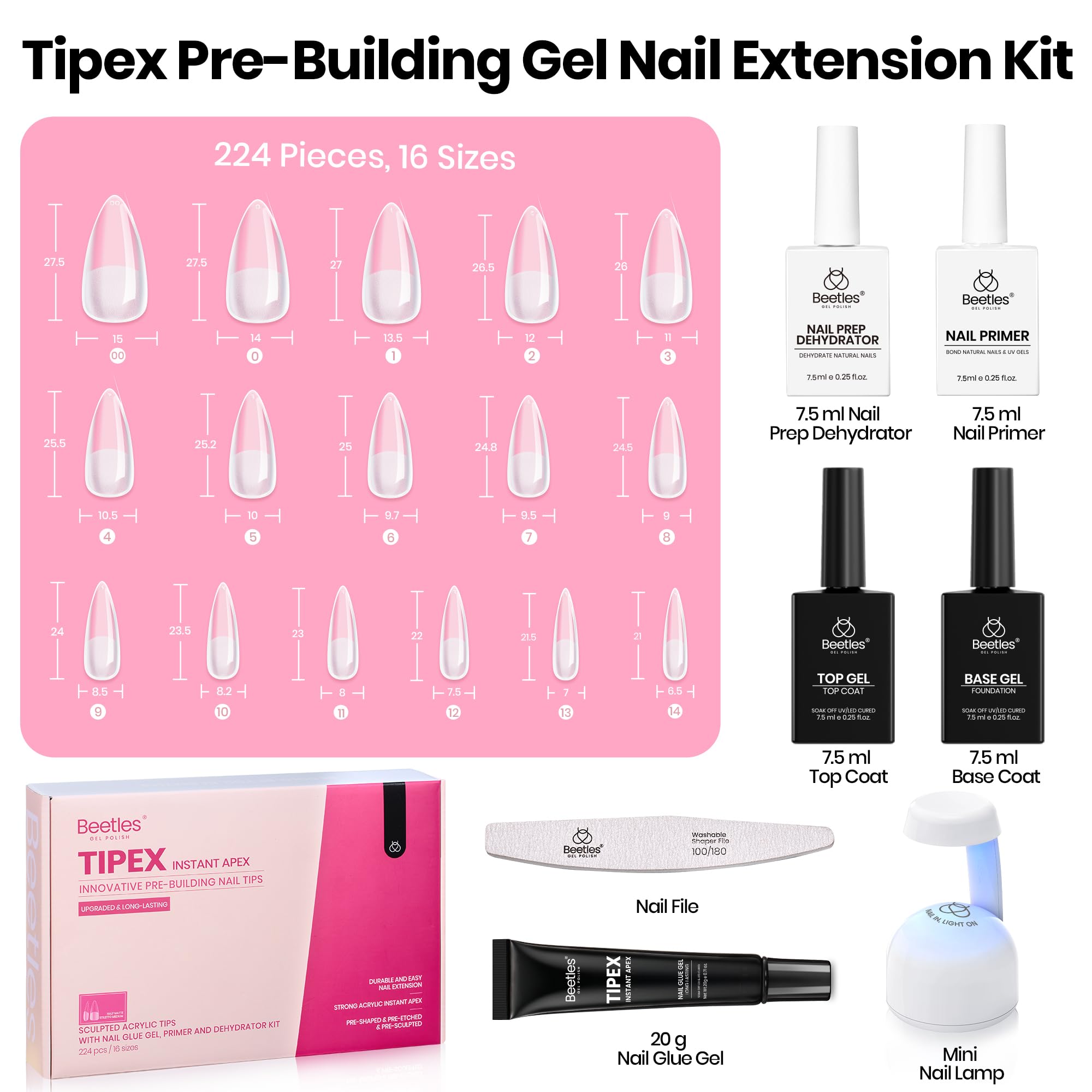 Beetles Tipex Instant Apex Nail Tips Kit – Stiletto Medium, 224 PCS, Pre-Built Tips + Glue & UV Lamp