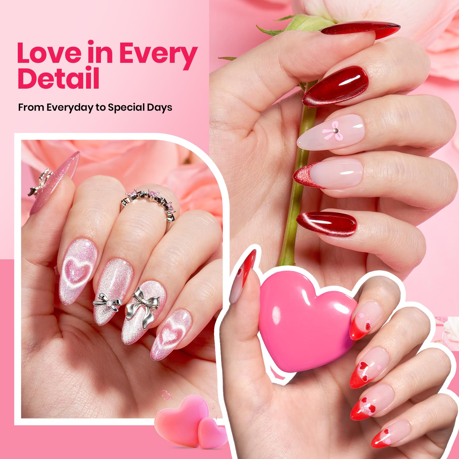 Beetles 30 Pcs Gel Nail Kit with UV Lamp — 6 Colors, Cat Eye & Heart Magnet