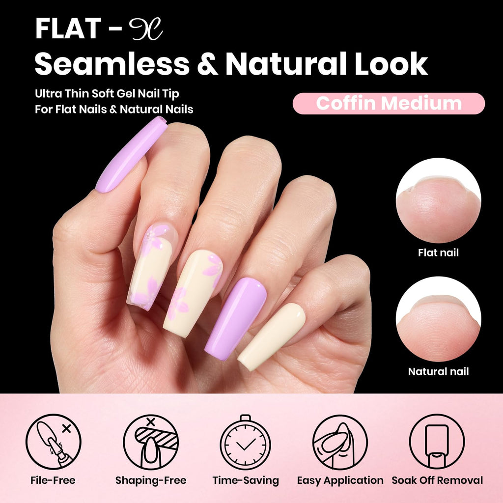 Beetles Gel Nail Kit Flat-X Coffin Medium – 320 Tips, 15g Glue Gel, 7.5ml Base & Top Coat, Mini Lamp