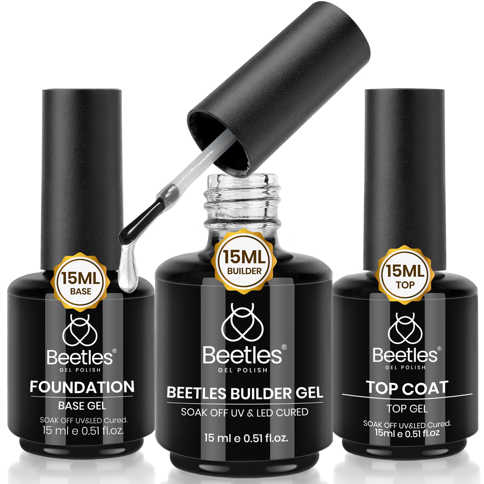 Beetles Builder Gel Kit 15ml 3Pcs with No-Wipe Top Coat & Base Coat for Nail Extensions