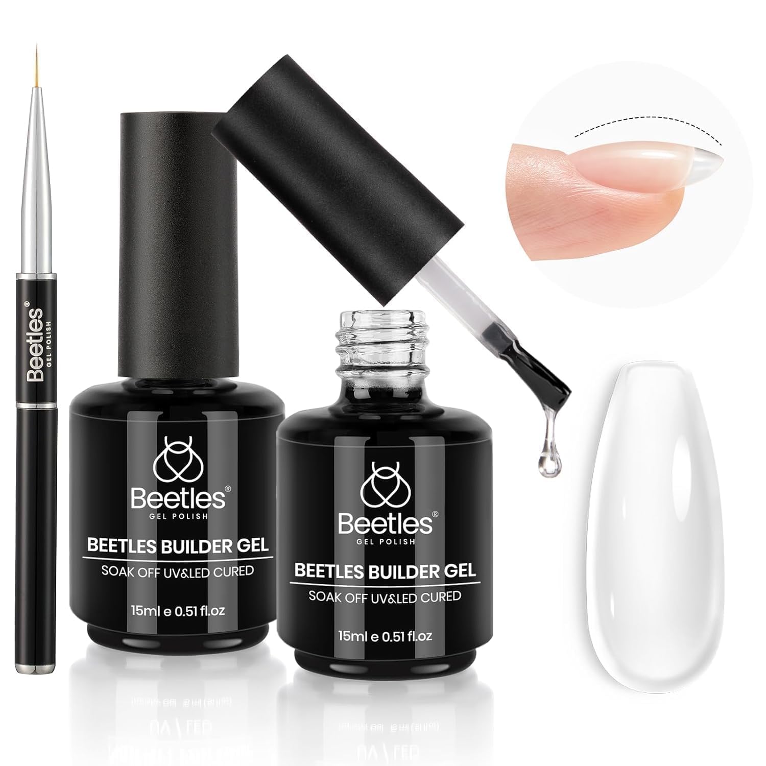 Beetles Builder Gel Kit Dew Glow – 2 x 0.51oz Clear Builder Gels + Liner Brush, 8-in-1 Nail Extension for DIY at Home