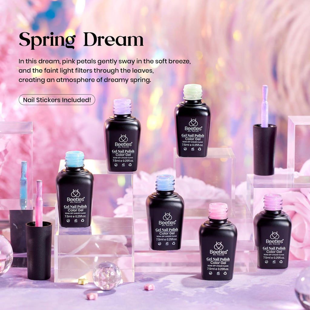 Beetles Spring Gel Nail Polish Set: 6 Pastel Shimmer Colors + Butterfly Stickers | UV/LED Required