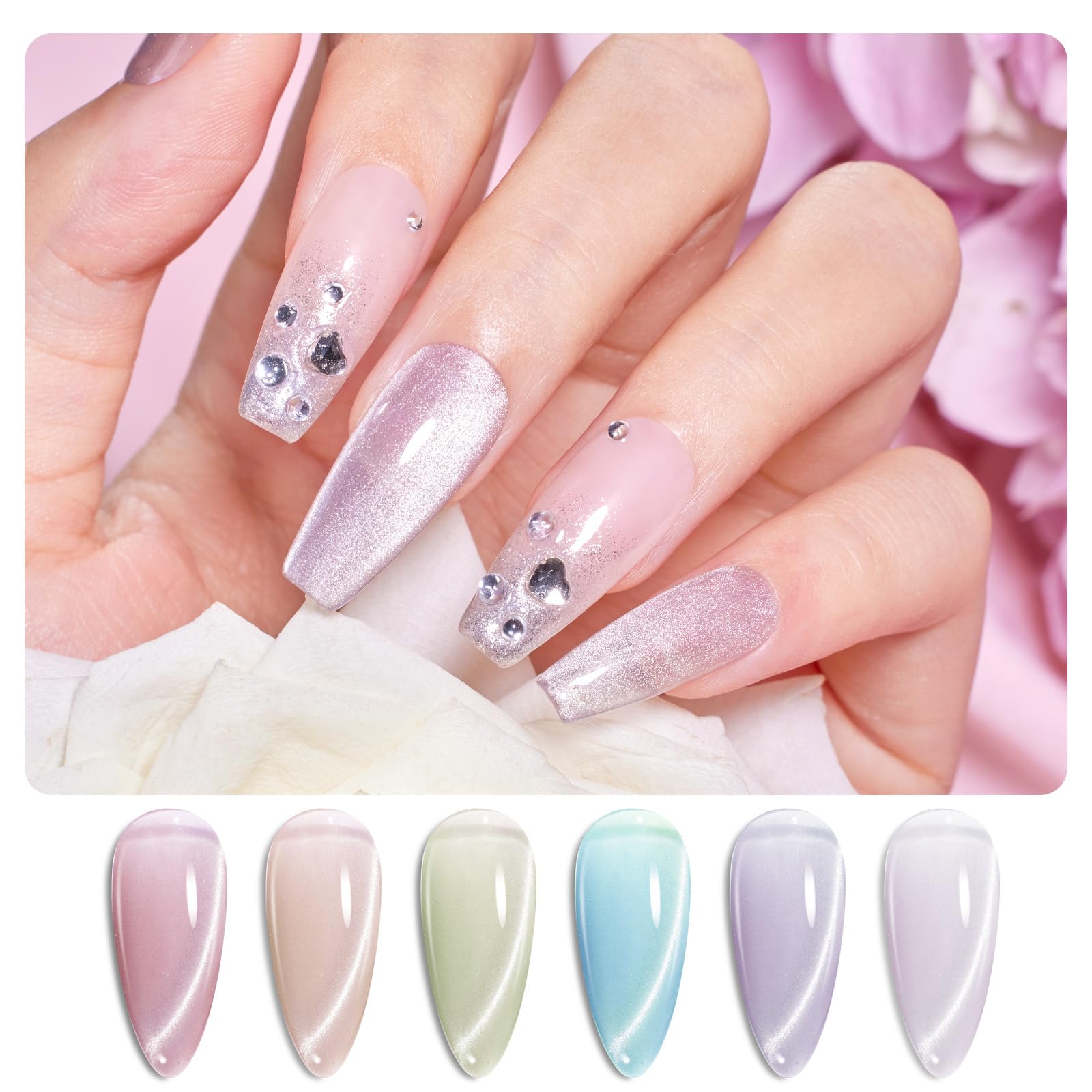 Beetles Cat Eye Gel Nail Polish Set – 6 Colors + Magnet, Soak-Off UV/LED, Home Manicure Kit
