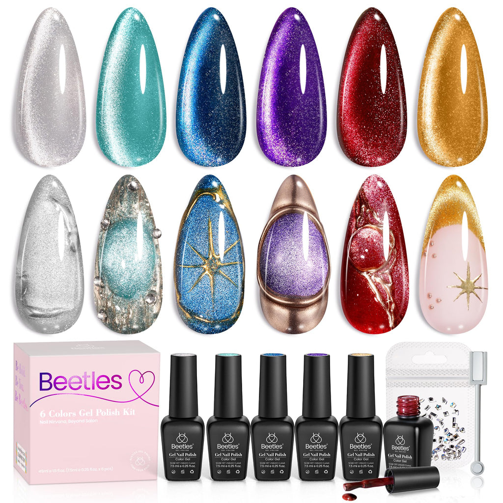 Beetles Cat Eye Gel Nail Polish Set – 6 Magnetic Colors & Holographic Glitter