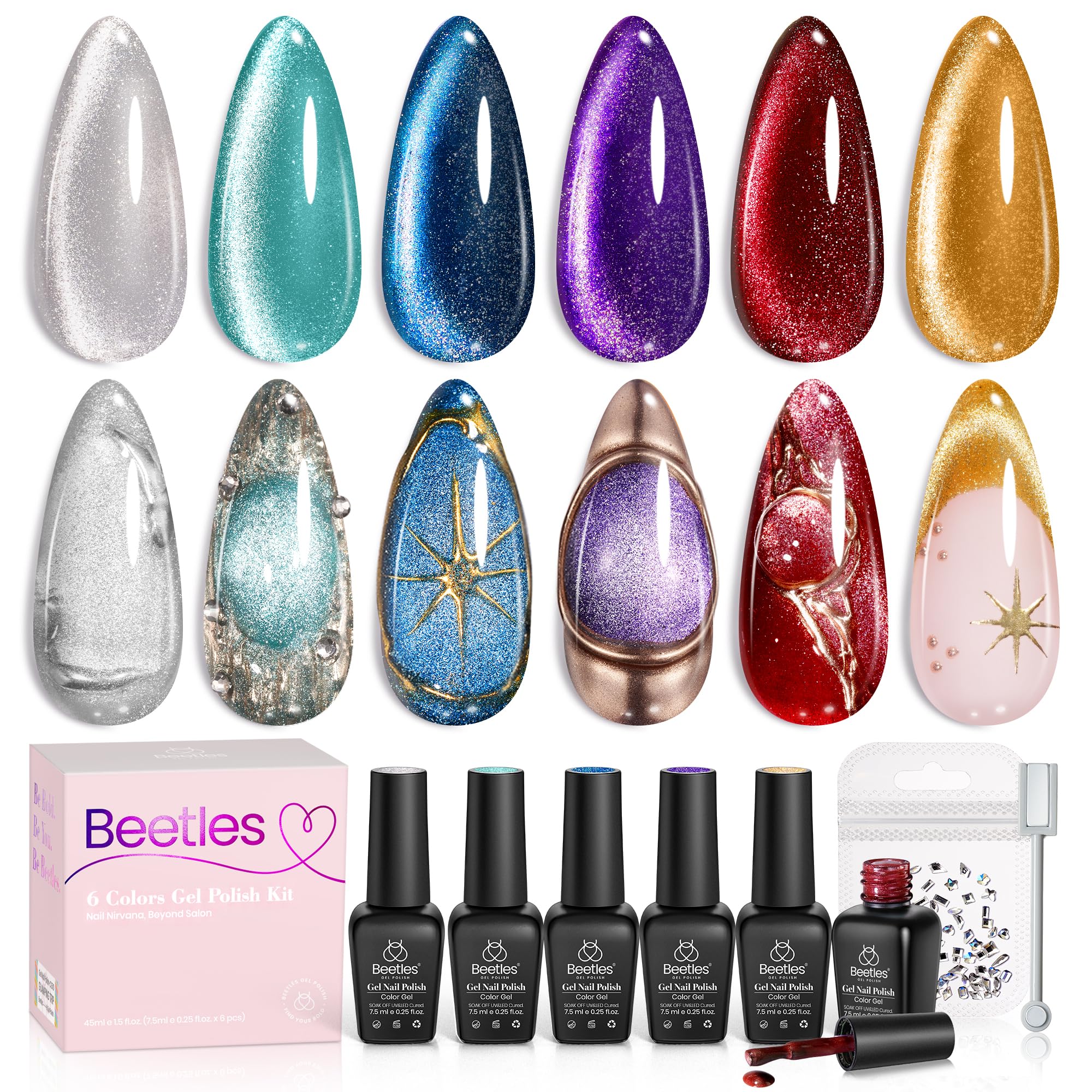 Beetles Cat Eye Gel Nail Polish Set – 6 Magnetic Colors & Holographic Glitter