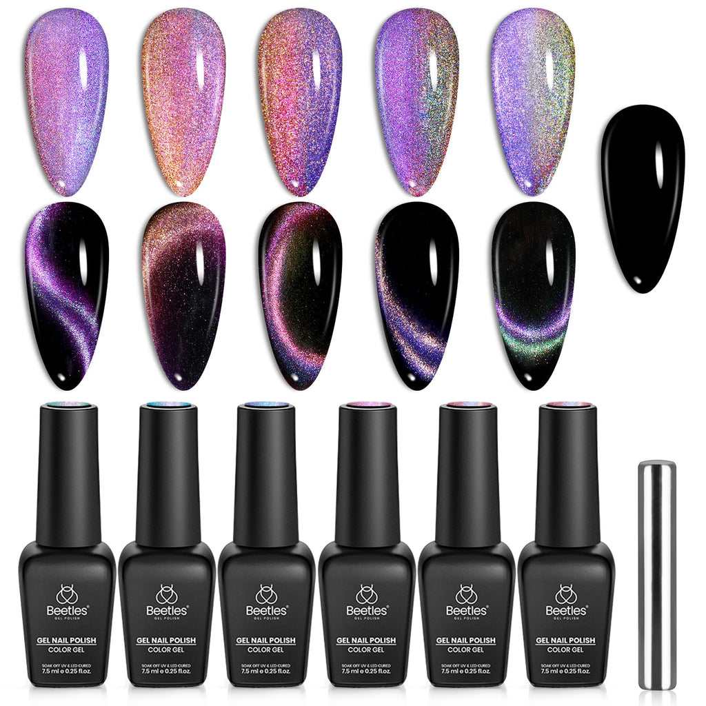 Beetles Cat Eye Gel Polish Set – 6 Colors with Magnet | Soak-Off UV Velvet Finish | Enchanted Spectrum Collection