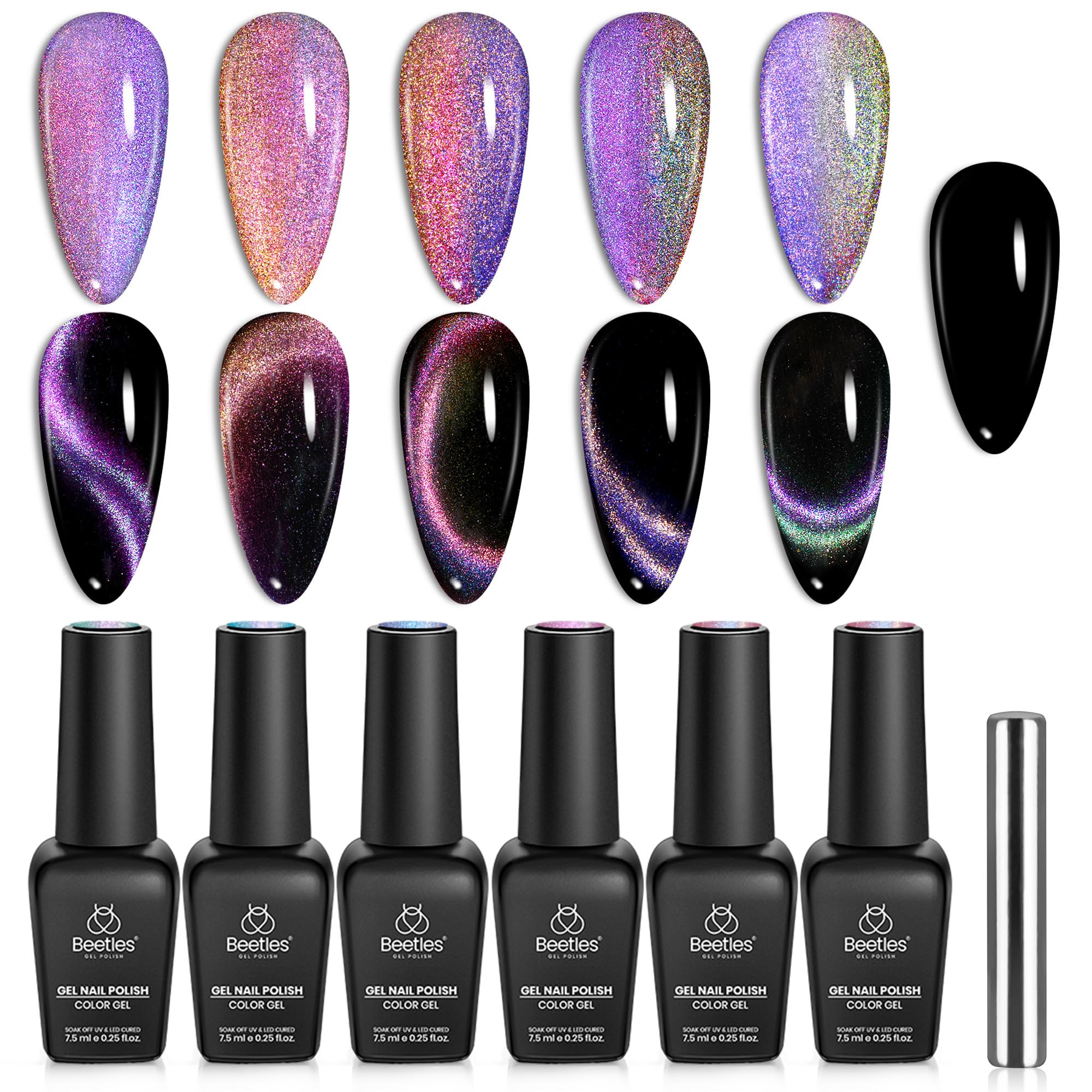 Beetles Cat Eye Gel Polish Set – 6 Colors with Magnet | Soak-Off UV Velvet Finish | Enchanted Spectrum Collection