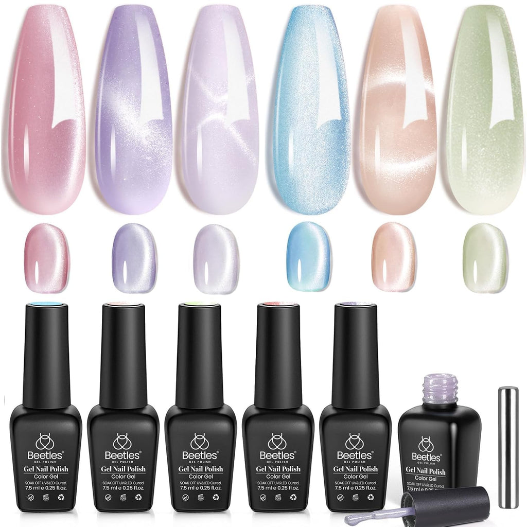 Beetles Cat Eye Gel Nail Polish Set – 6 Colors + Magnet, Soak-Off UV/LED, Home Manicure Kit