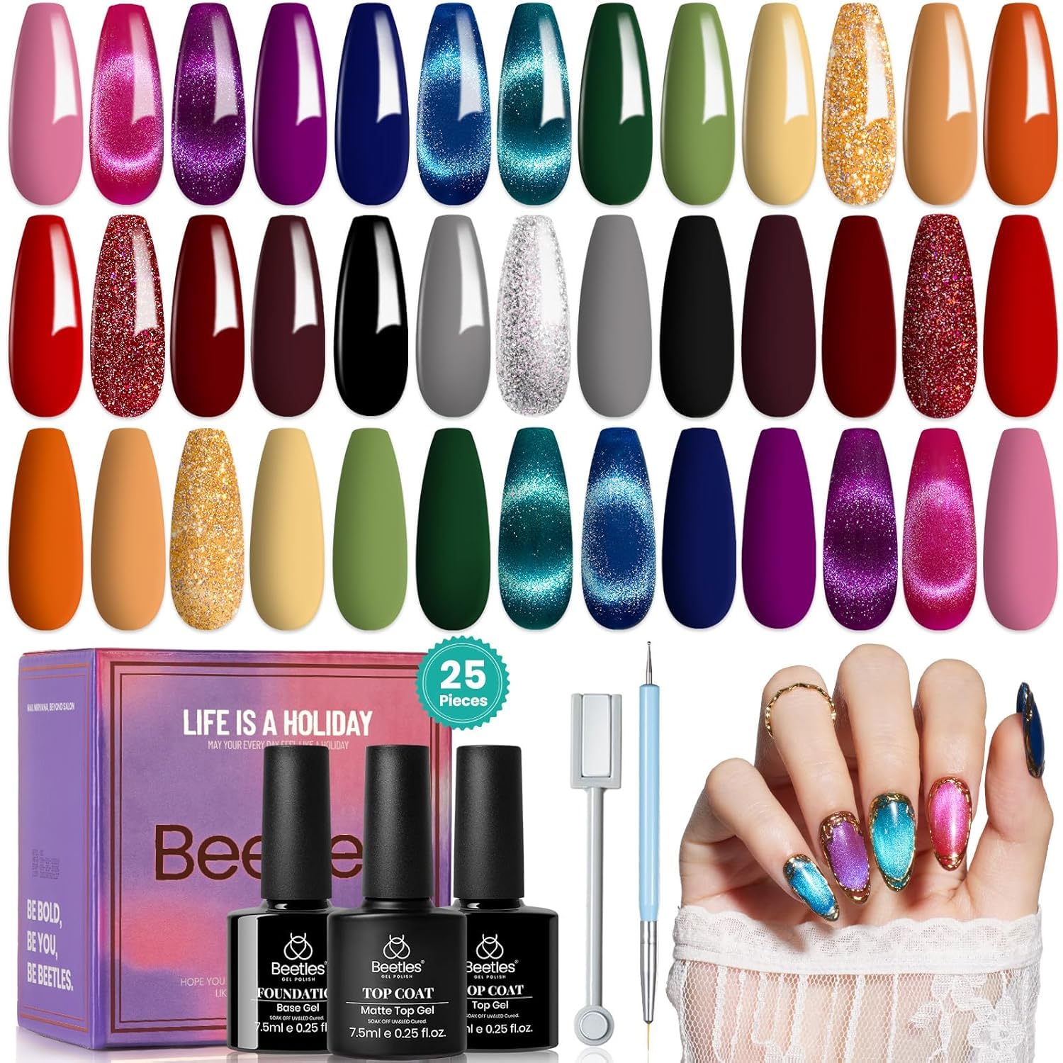 Beetles Cat Eye Gel Nail Polish Set – 20 Colors + Magnet Pen, Base & Top Coats, Soak Off UV/LED