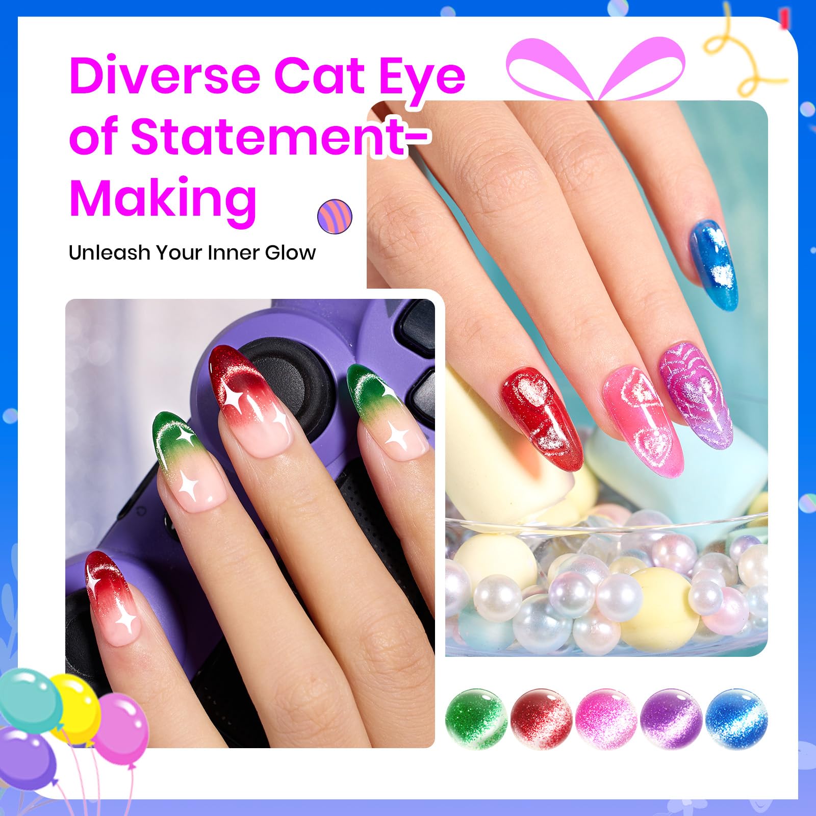 Beetles Cat Eye Gel Nail Polish Kit – 6 Colors with Magnet Velvet Effect
