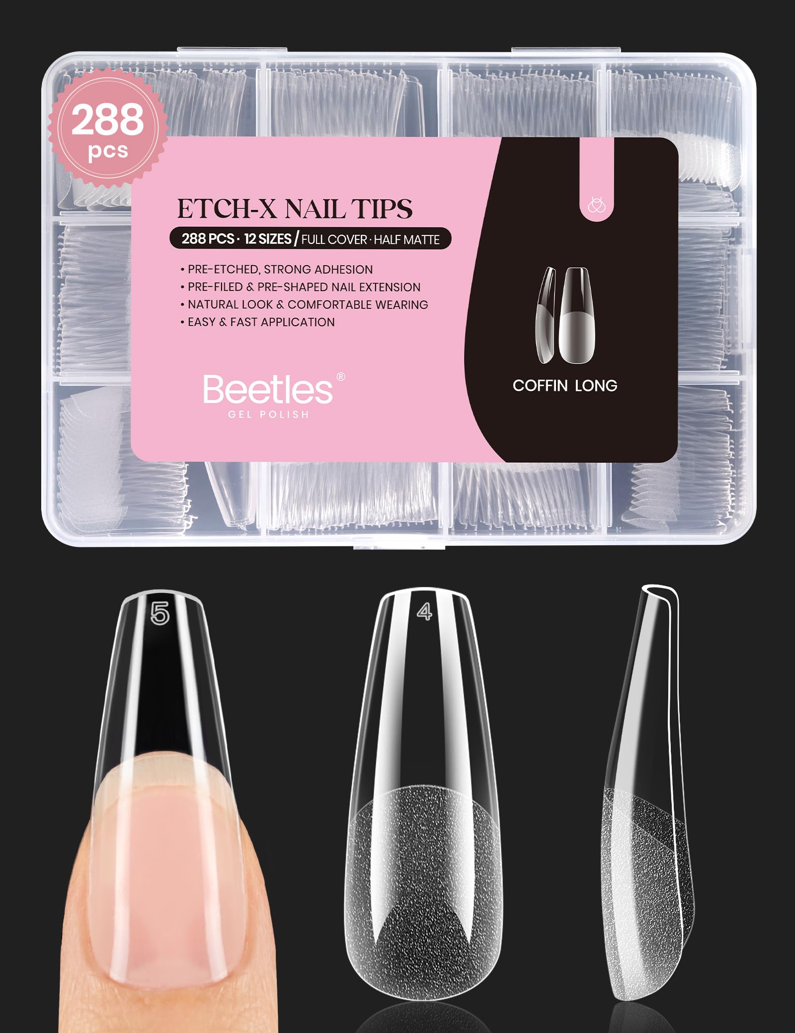 Beetles Coffin Long Gel Nail Tips – Pre-Etched Full Cover, 288 Pieces, 12 Sizes for Press-On Extensions