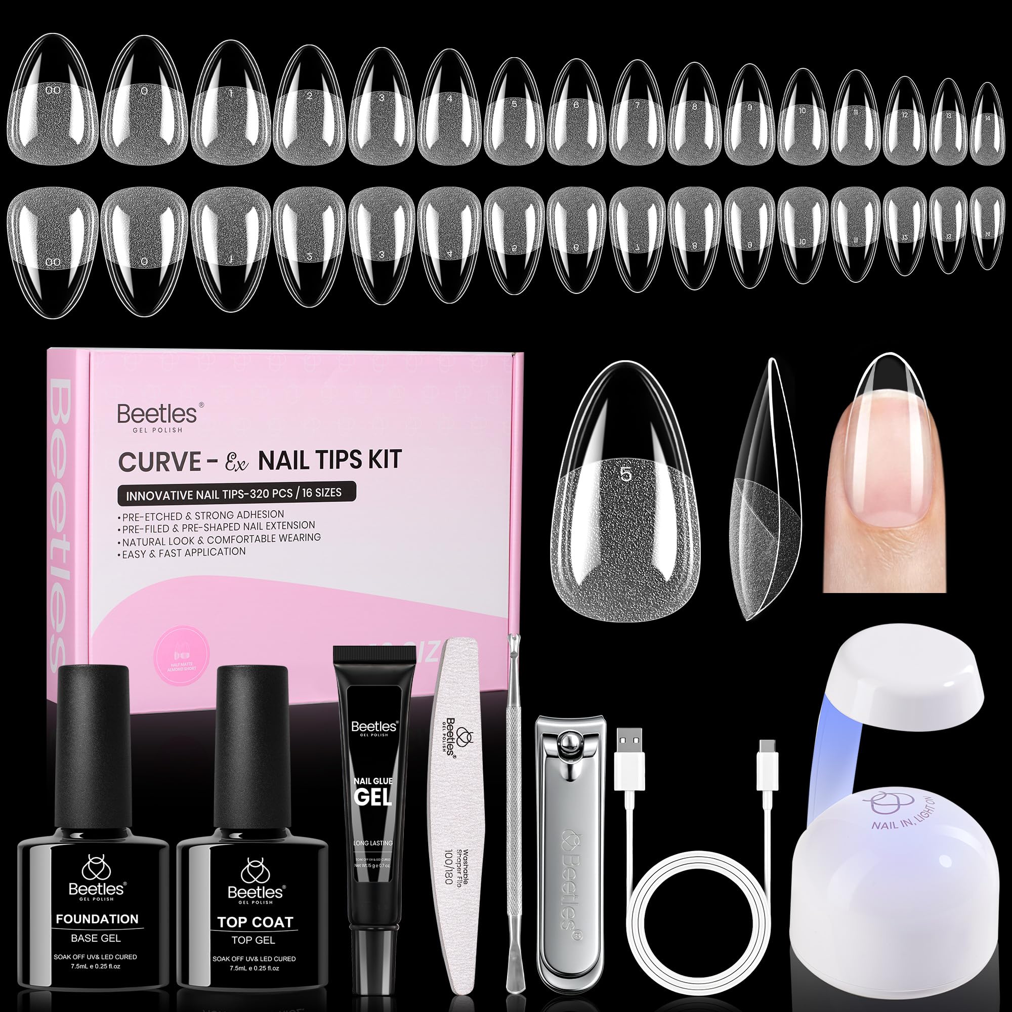 Beetles Curve-EX Almond Short Gel Nail Kit – 320 Tips, Glue Gel, Mini Lamp