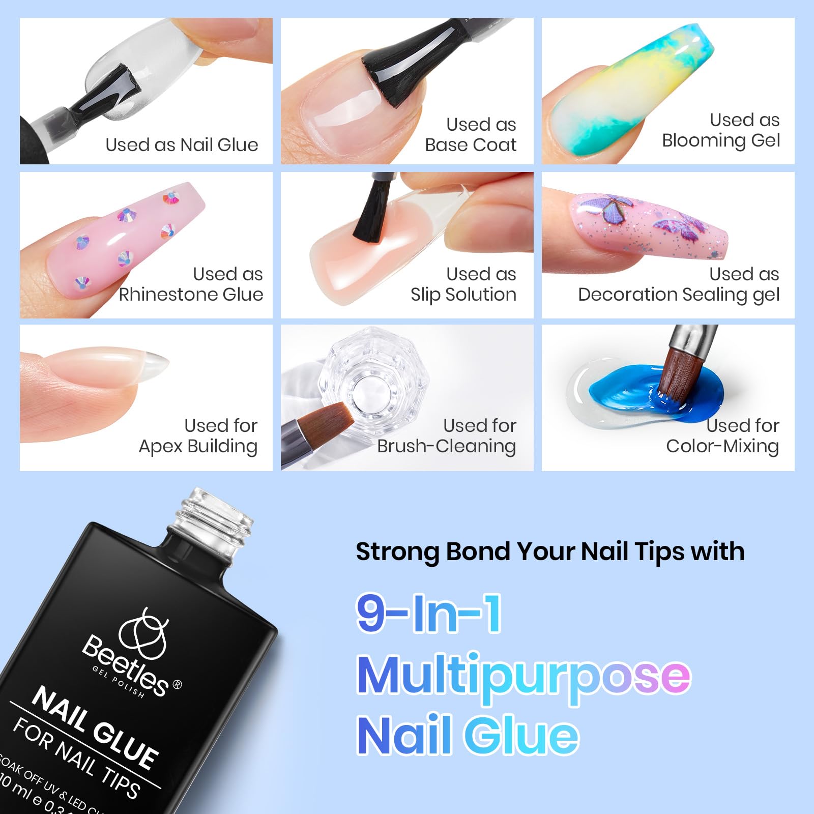 Beetles 9-in-1 Gel Nail Glue, Dehydrator & Primer — Acid-Free, HEMA-Free Nail Prep for Extensions