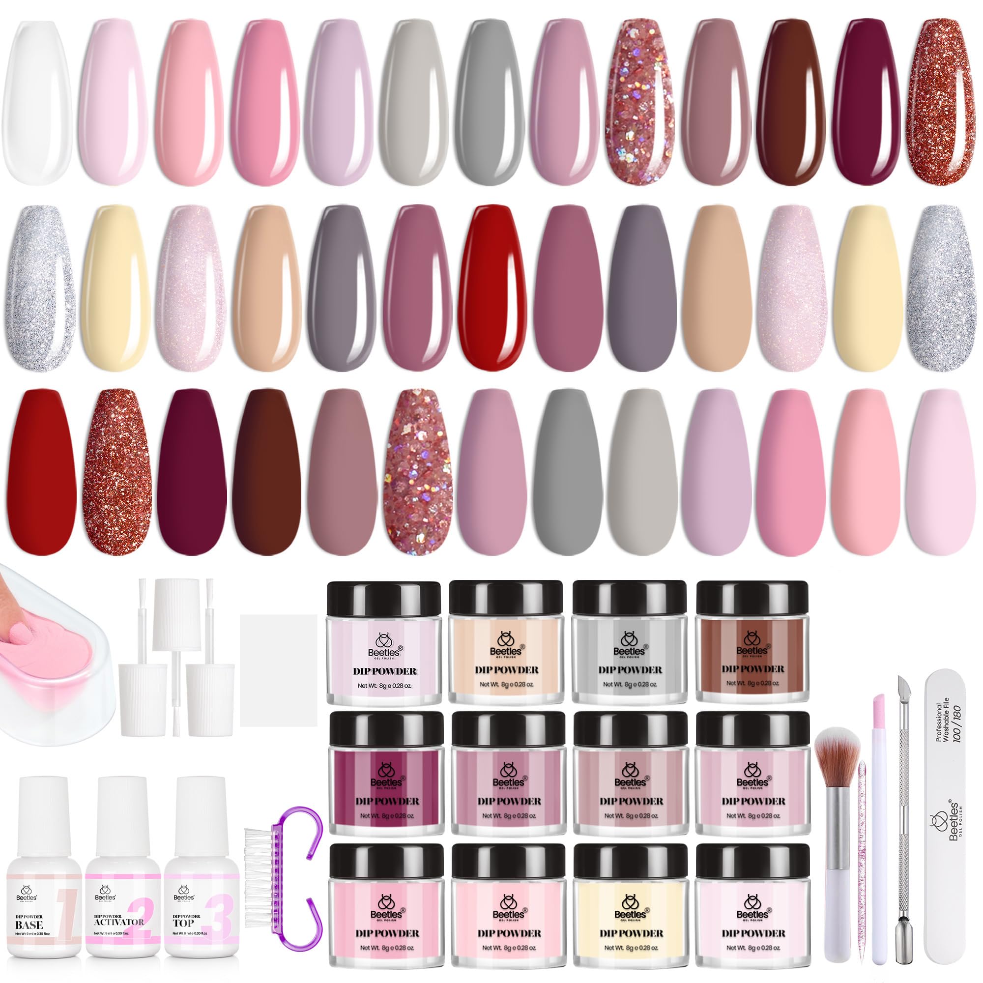 Beetles 36Pcs Dip Powder Nail Kit Starter – 20 Colors Nude Pink Gray Glitter Burgundy, Base Top Activator, Tools