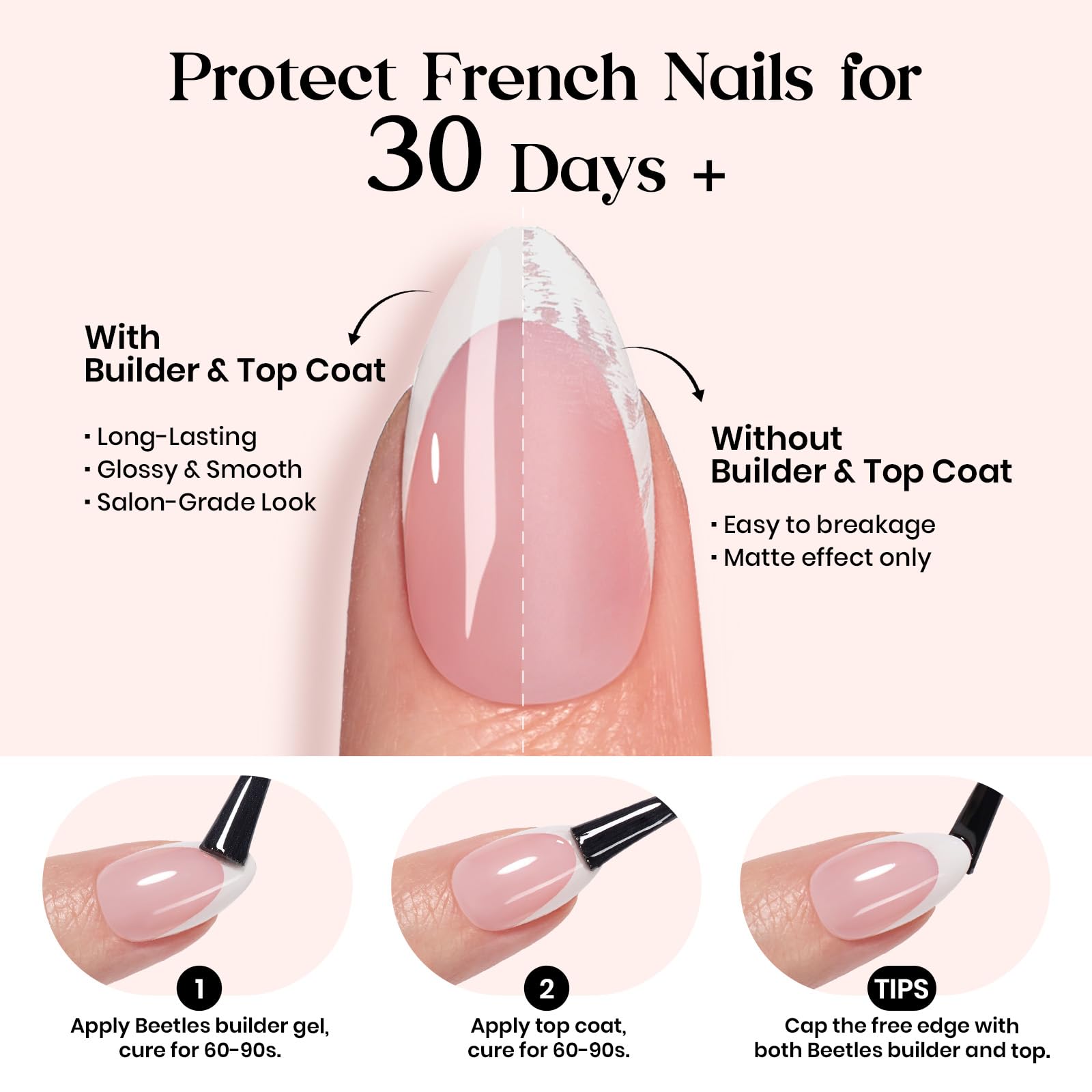 Beetles French Tips Press On Nails – 210 Pink Medium Almond Tips for At-Home Salon Quality