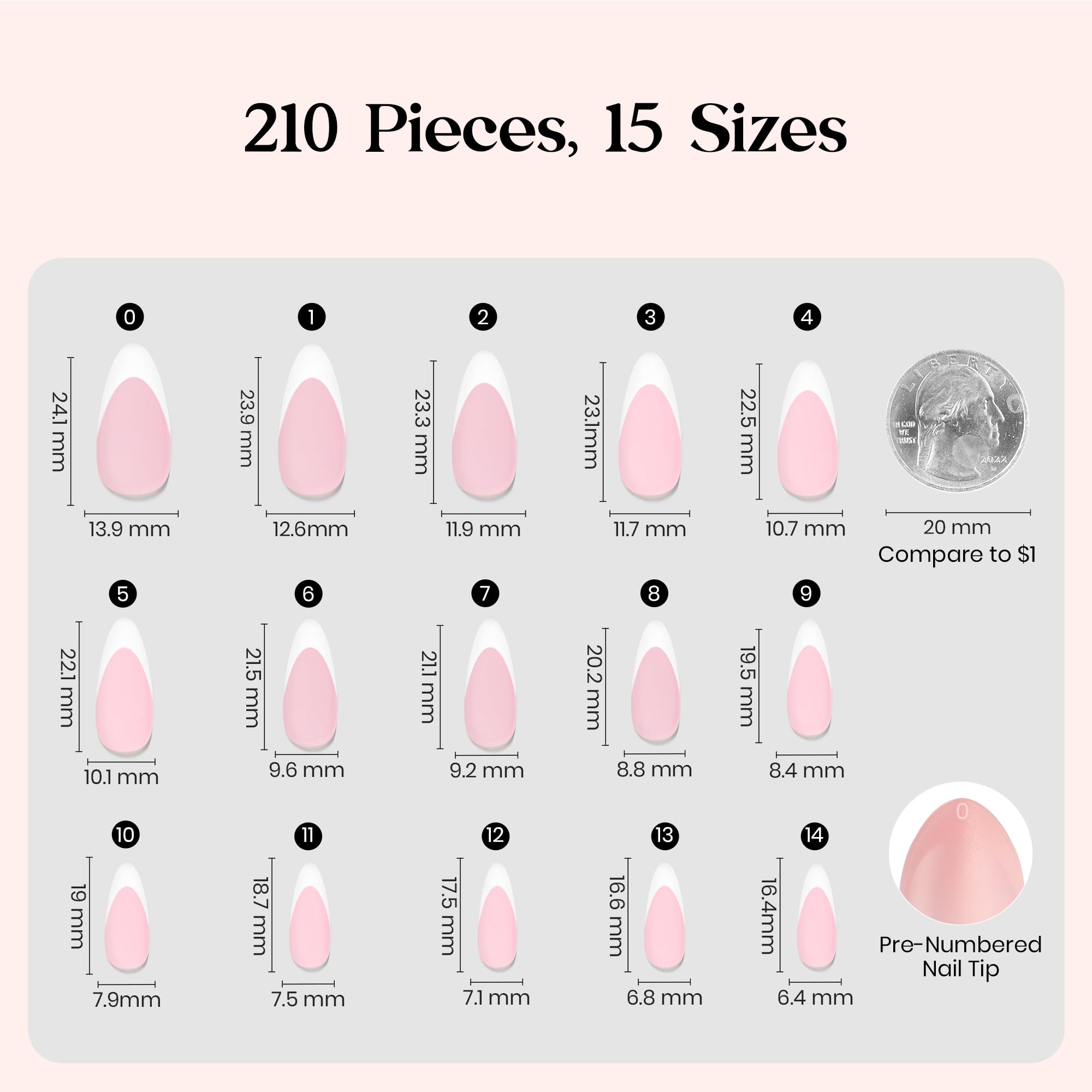 Beetles French Tips Press On Nails – 210 Pink Medium Almond Tips for At-Home Salon Quality
