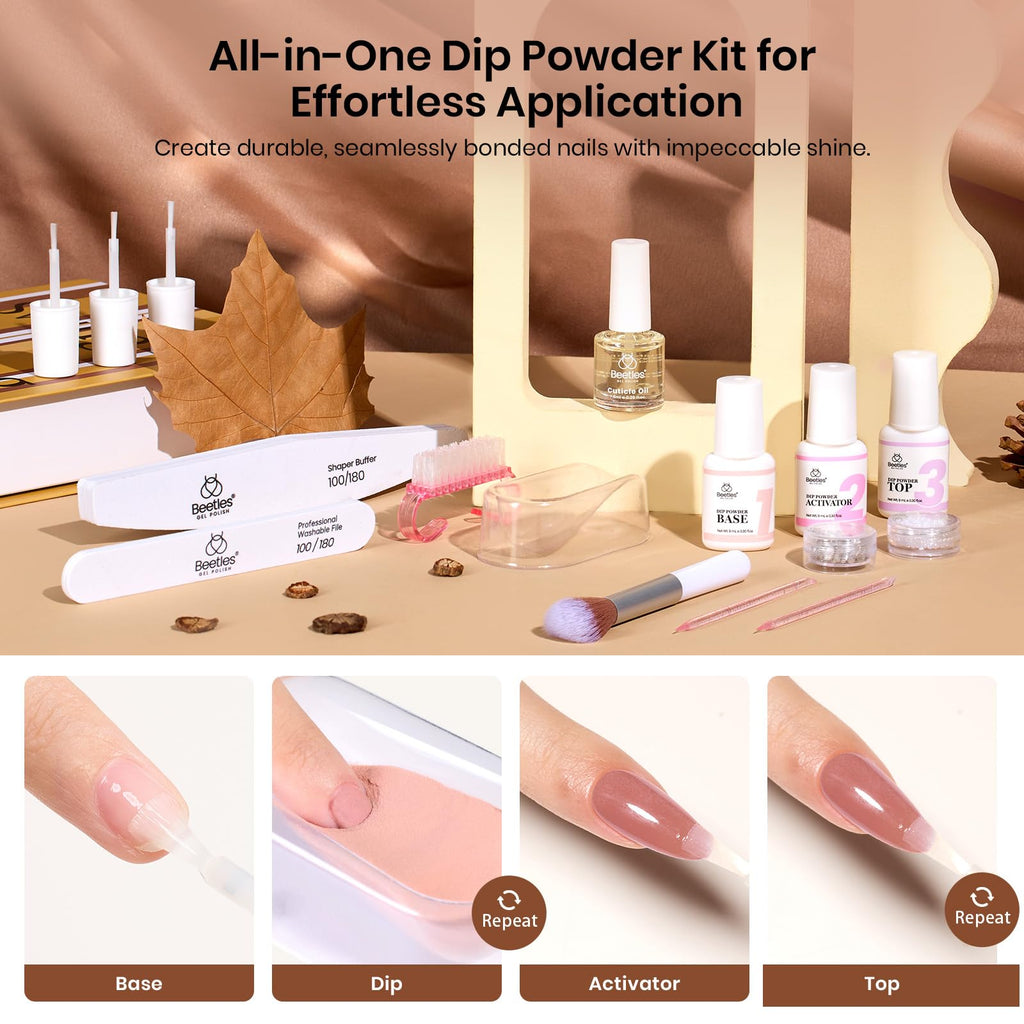 Beetles Dip Powder Nail Kit Starter Set – Espresso Glow Collection | Fall & Winter Brown Nude Glitter