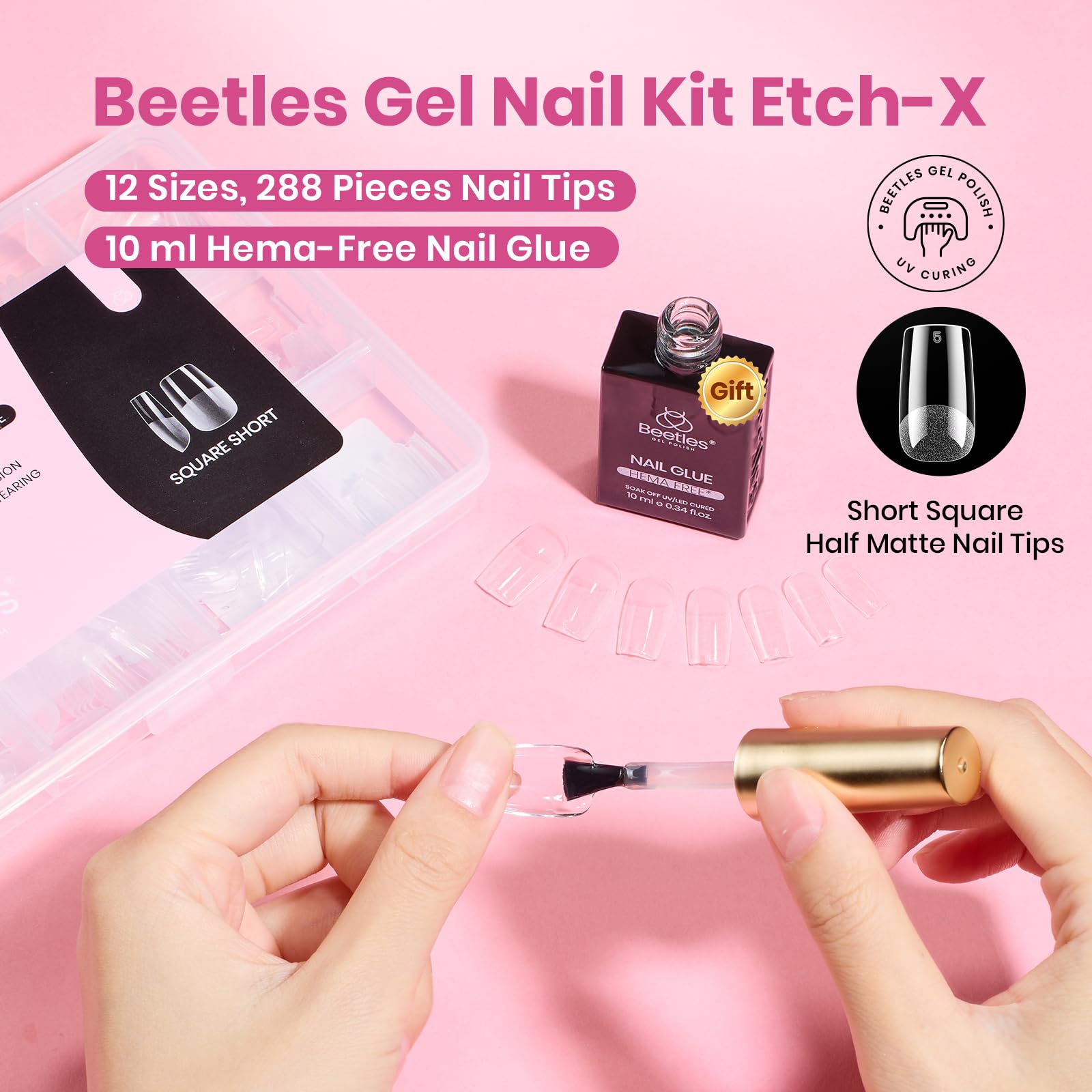 Beetles Etch-X Square Short Nail Tips Kit – 288pcs + HEMA-Free Glue