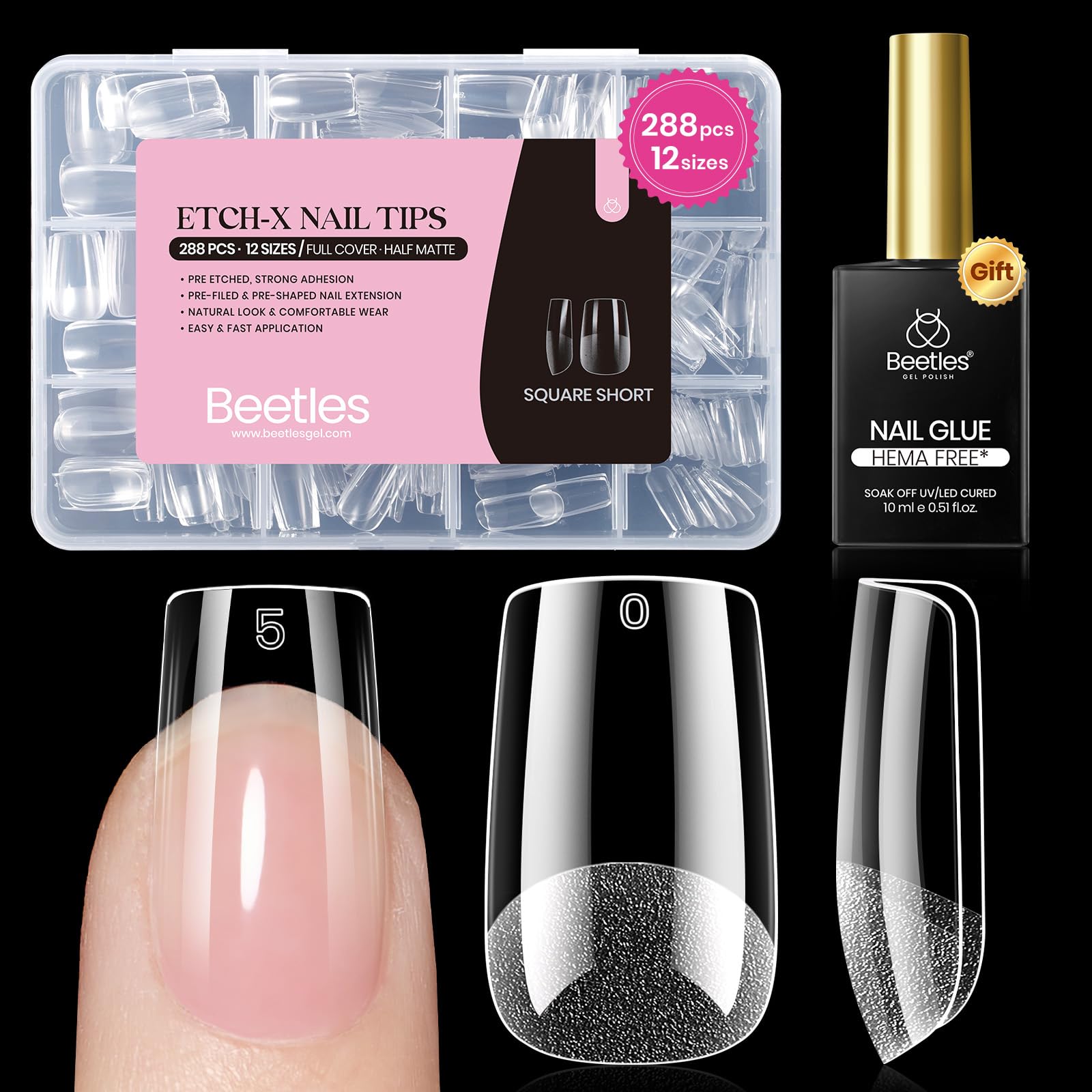 Beetles Etch-X Square Short Nail Tips Kit – 288pcs + HEMA-Free Glue