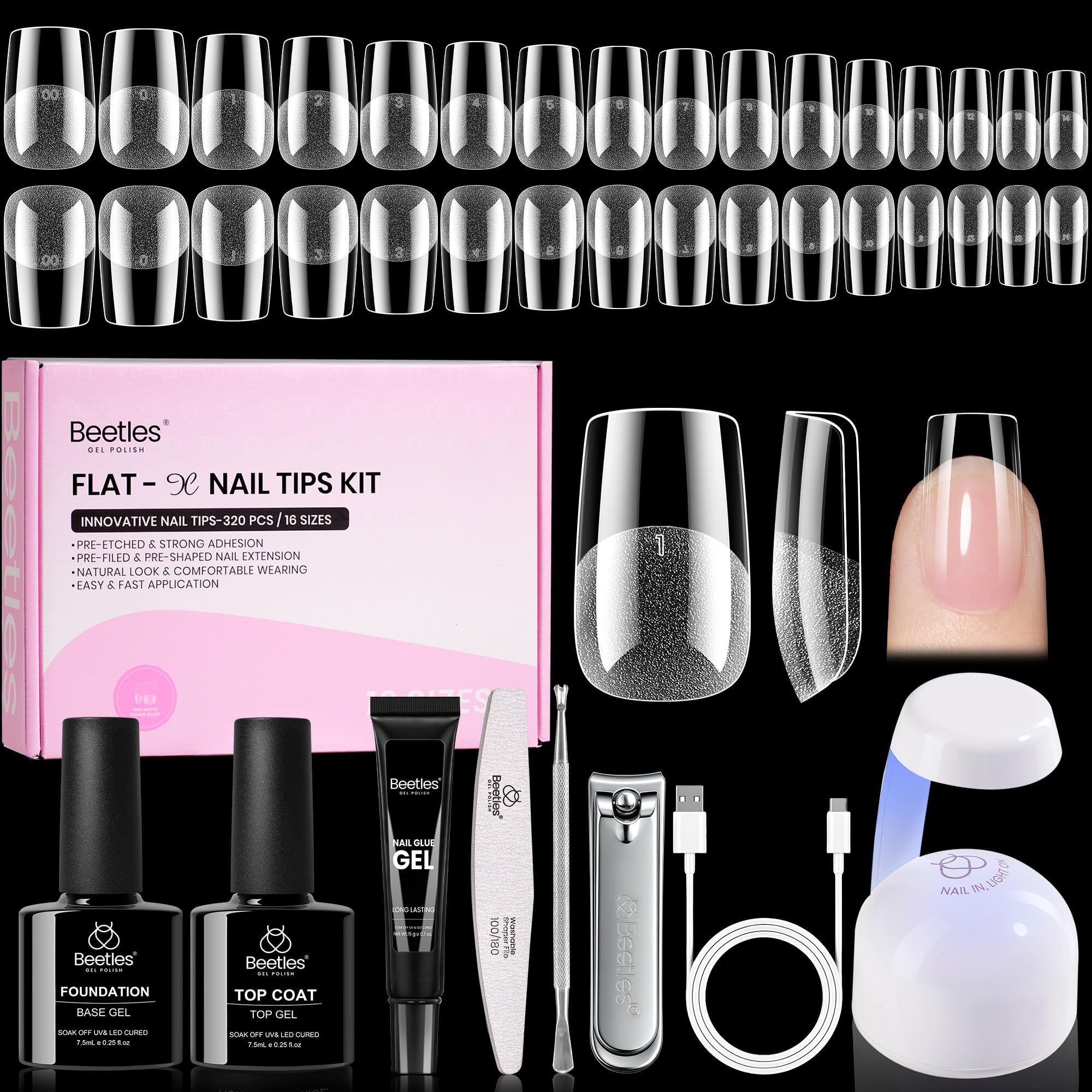 Beetles Gel Nail Kit Flat-X – 320 Short Square Tips, Glue Gel, Base & Top, Mini Lamp | DIY Home Manicure