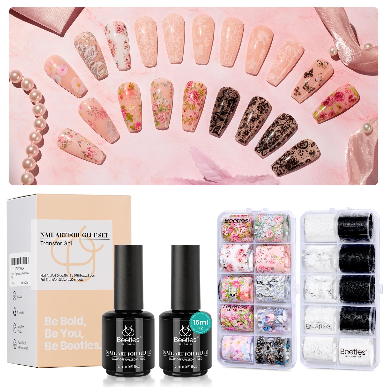 Beetles Nail Foil Glue Gel 2x15ml + 20 Lace Flower Butterfly Stickers | LED Lamp DIY Manicure