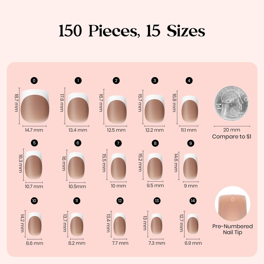 Beetles X Press Plus French Tip Nails - Caramel French, Short Square, 15 Sizes, 150 Pcs | Natural Salon Quality Nail Tips