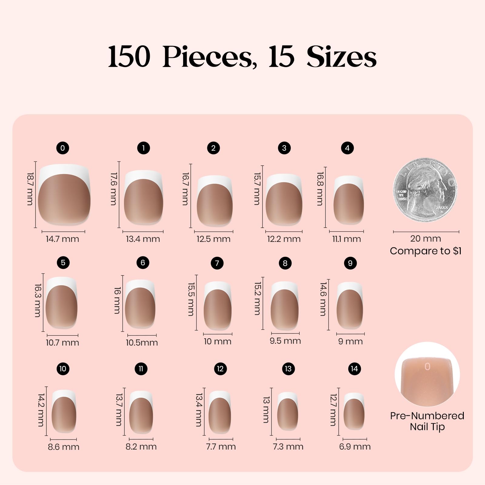 Beetles X Press Plus French Tip Nails - Caramel French, Short Square, 15 Sizes, 150 Pcs | Natural Salon Quality Nail Tips