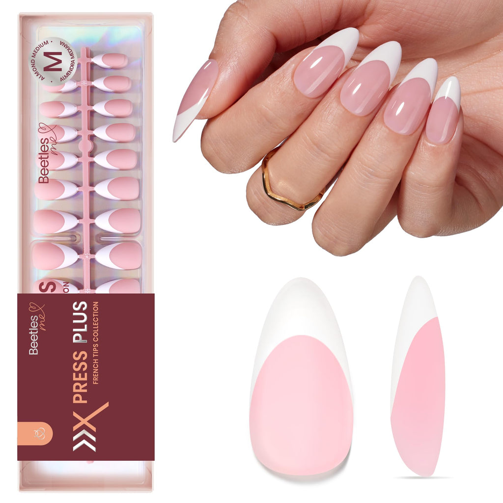 Beetles French Tips Press On Nails – 210 Pink Medium Almond Tips for At-Home Salon Quality