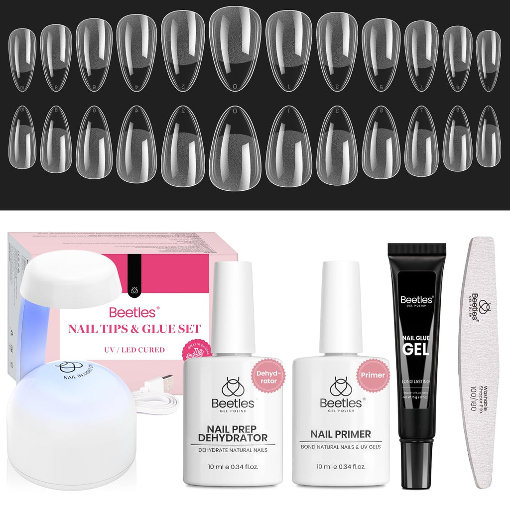 Beetles Gel Nail Kit Short Almond Gift Spree – 576Pcs Tips, Dehydrator & Primer + Mini Lamp