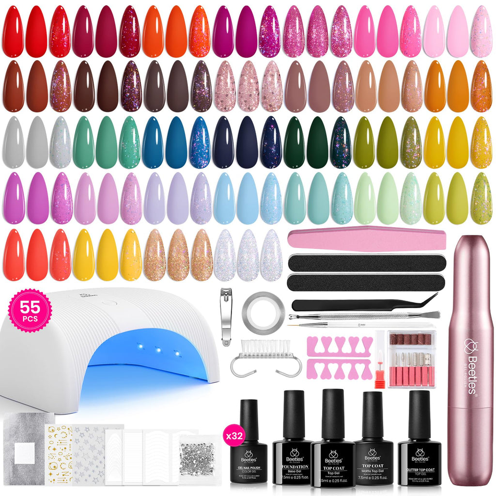 Beetles Gel Nail Polish Kit with UV Lamp & Nail Drill | 55-Piece Set, 32 Colors