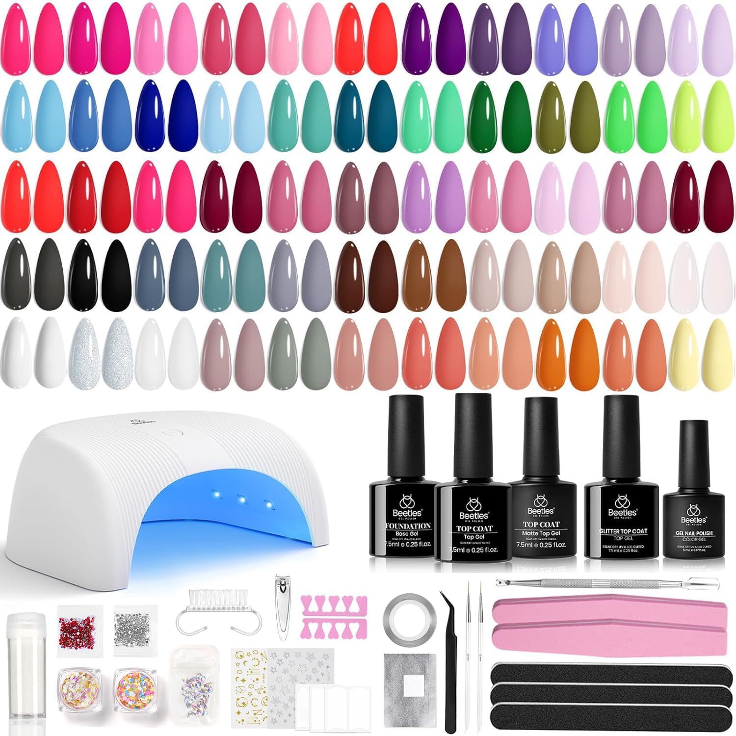Beetles Gel Nail Polish Kit with UV Light – 81 Pcs, 55 Colors & Base/Top Coats