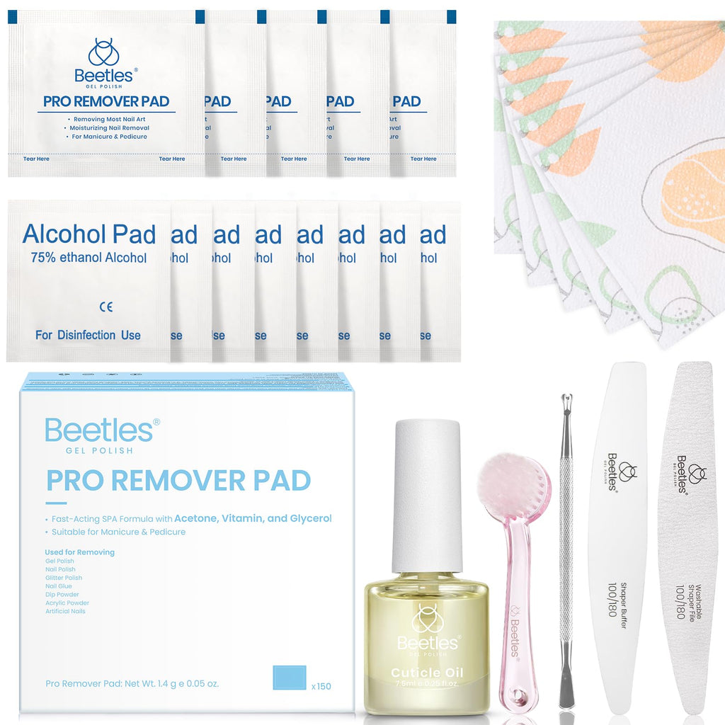 Beetles Gel Nail Polish Remover Kit – 150 Pro Pads, Acetone & Vitamin Formula, Cuticle Oil & Tools