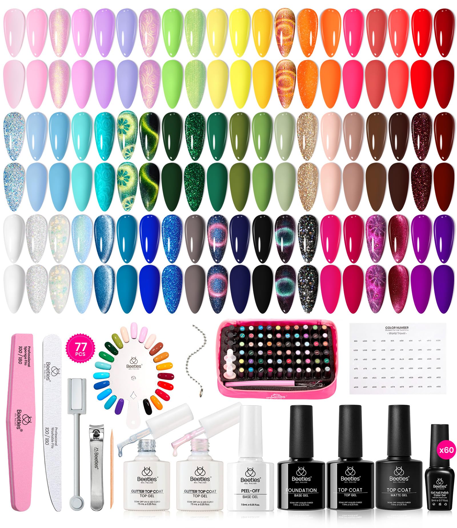 Beetles Gel Nail Polish Kit – 60 Colors Cat Eye with Base & Top Coat (77 Pcs)