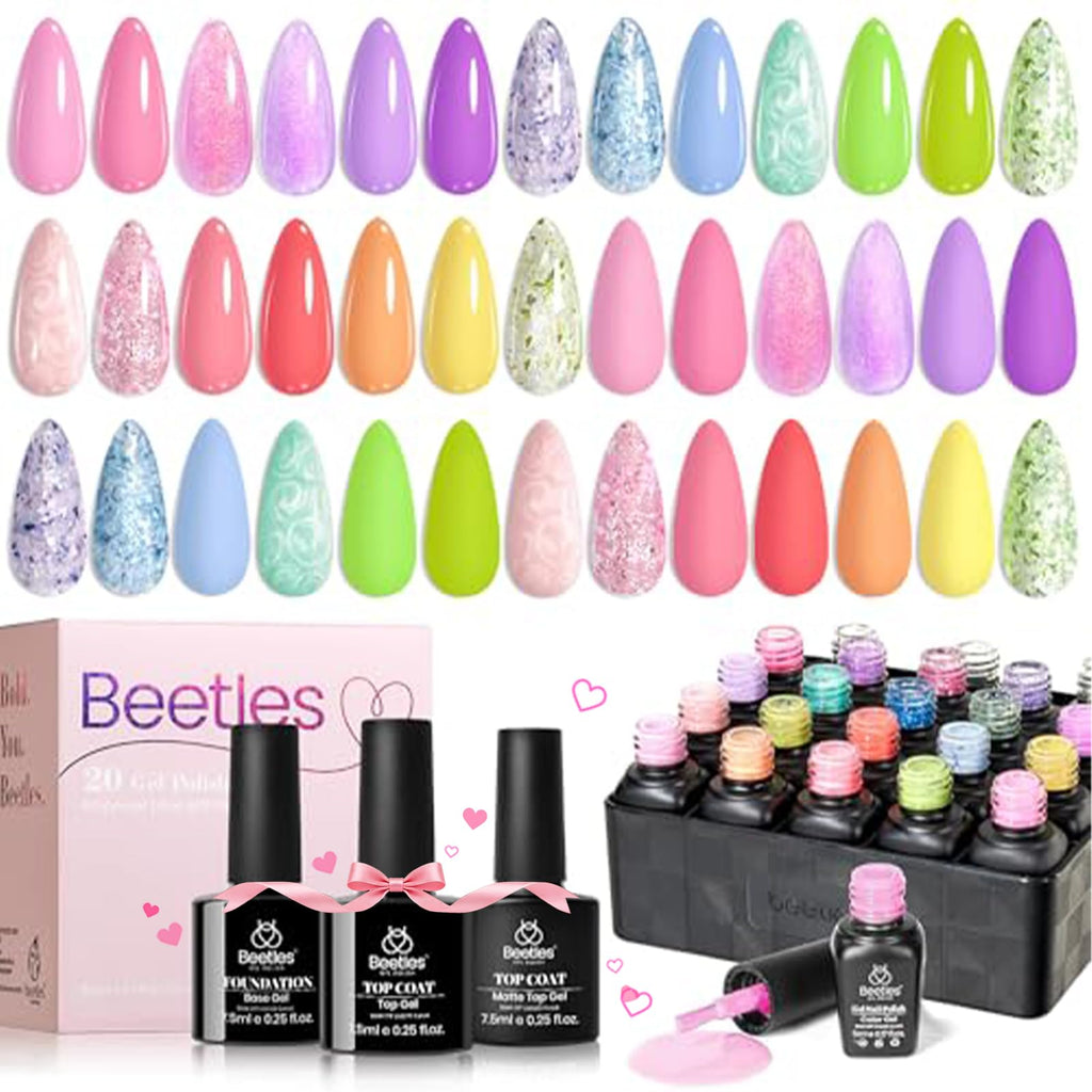 Beetles Gel Nail Polish Set – 28 Pcs Pastel Macaron Colors with Base/Top Coats & Charms