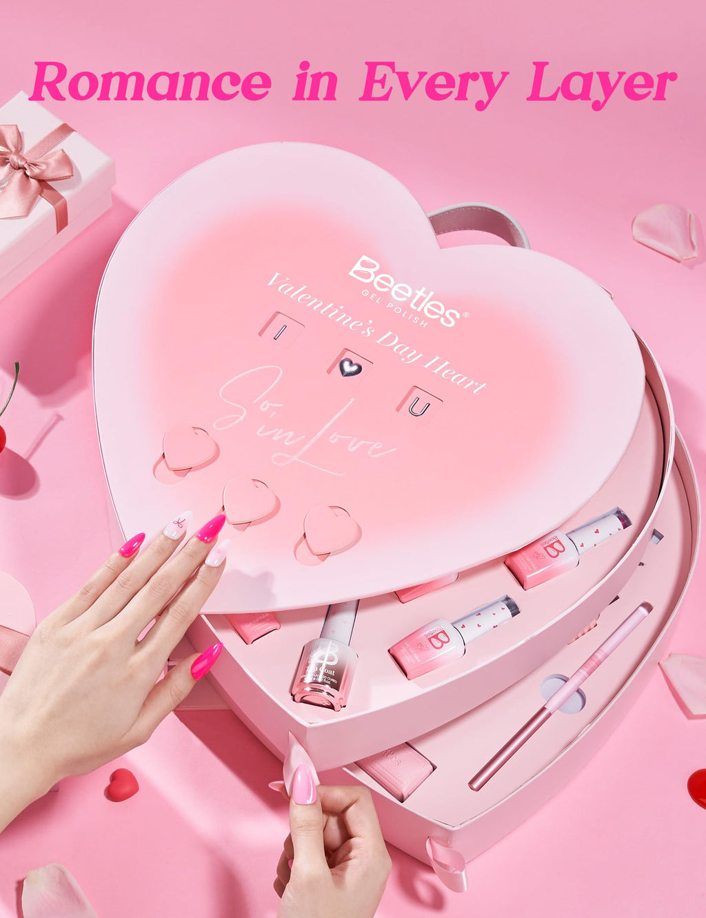 Beetles So In Love Collection – Glow In Love Valentine Gel Nail Polish Set | Pink Gel Nail Art Kit with Base & Top Coat